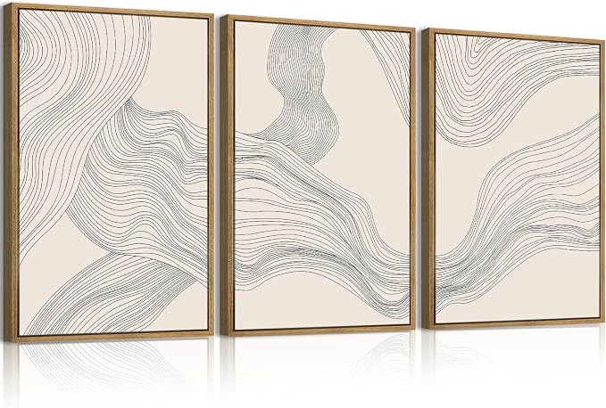 Large Beige Abstract Wall Art Framed Neutral Modern Canvas Wall Decor Minimalist Line Wave Painting 24x36 Inch Pictures Set of 3 for Living Room Bedroom Dining Room