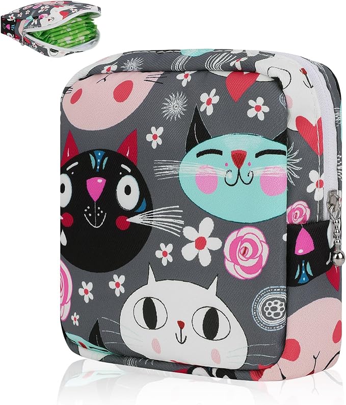 Sanitary Pad Storage Bag Portable Period Bag for Teen Pads/Sanitary Napkins/Small Tampons, Sanitary Napkin Storage Bag First Period Gifts for Teen Girls (Grey Cats)