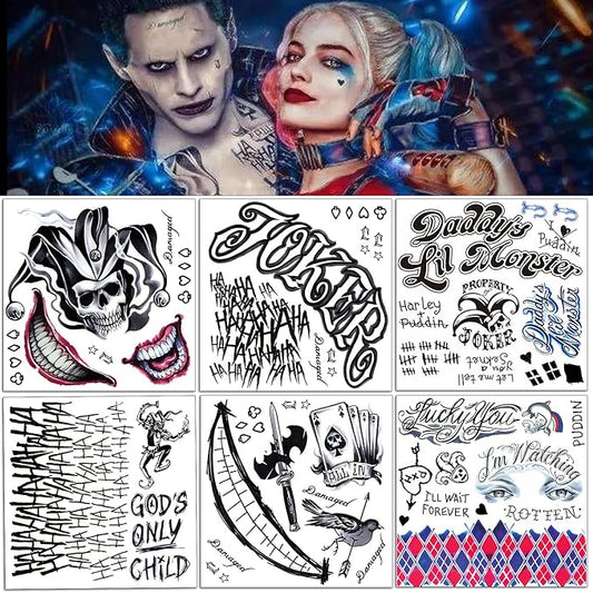 Joker Tattoos Temporary Halloween - 16 Sheets Temporary Tattoos for Men Fake Tattoo Stickers Joker and HQ Couples Costumes Masquerade Cosplay Party Accessories Makeup