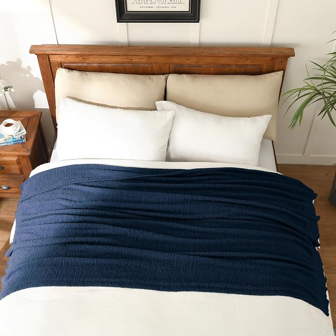 Navy Blue Throw Blanket for Bed, Super Soft Knit Blankets, Cozy Fleece Fuzzy Fluffy Plush Chenille Throws Blanket for Couch, Sofa, 60 x 80 inches