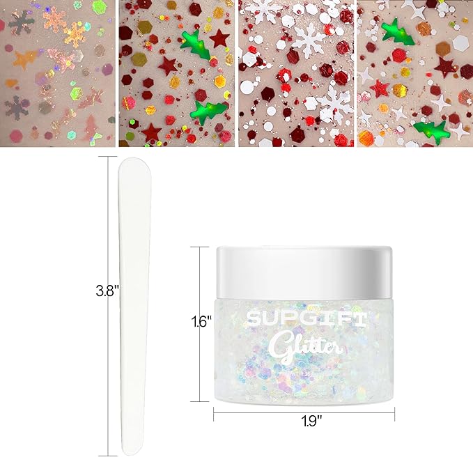 Christmas Body Glitter Gel SUPGIFT 4 Colors 8.5oz Holographic Chunky Mermaid Iridescent Laser Liquid Star Flower Leaf Sequins for Makeup Face Eyeshadow Hair with Spoon