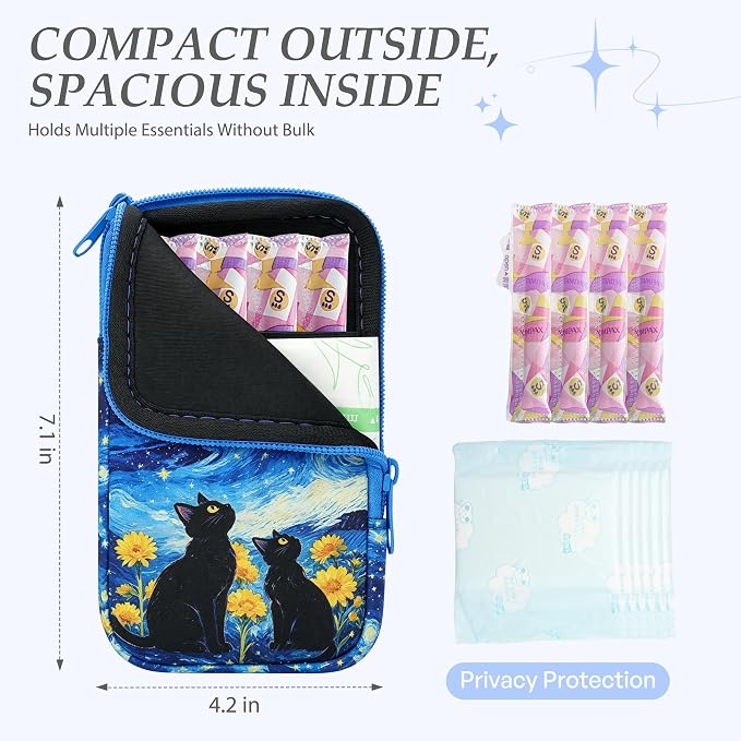 KJQJLY 2 Pack Portable Tampon Organizer Bag Tampon Holder & Storage Case with Zipper for Travel, Discreet Period Bag for Purse, Waterproof Feminine Products Pouch for Women (Cat)