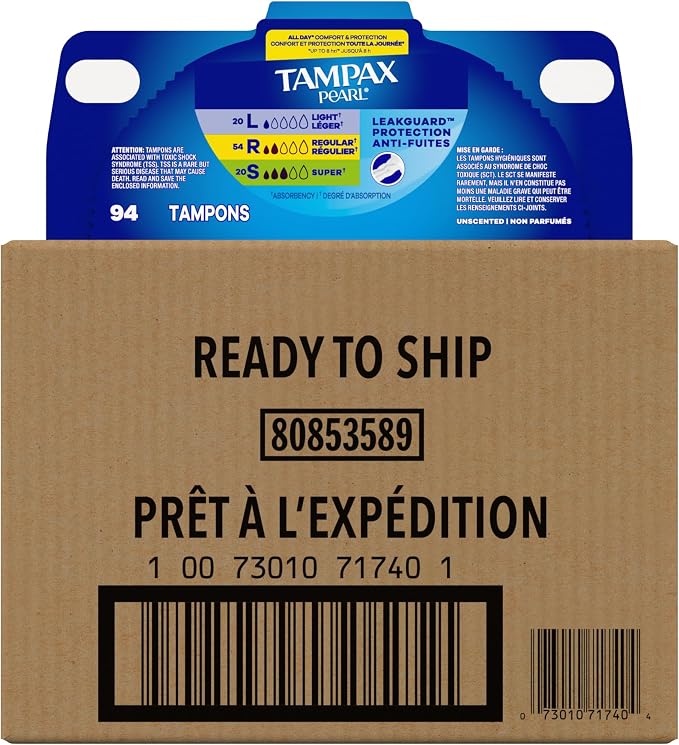 Tampax Pearl Tampons for Women Multipack, with LeakGuard Braid, Light/Regular/Super Absorbency, Unscented, 94 Count (2 Packs of 47) (Packaging May Vary)