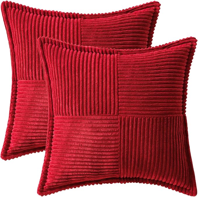 MIULEE Decorative Euro Sham Throw Pillow Covers 24x24 Inch Red 2 Pack | Boho Broadside Striped Patchwork Pillow Covers, Soft Corduroy Cushion Cases, For Bed Sofa Couch Livingroom Home Decor