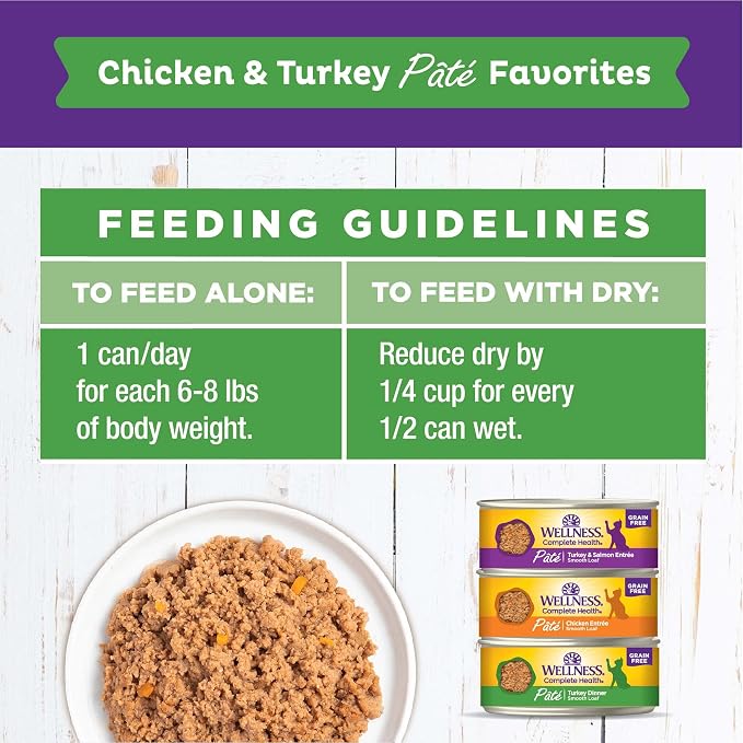 Wellness Complete Health Pate Variety Pack Adult Canned Wet Cat Food, Natural, Protein Rich, Grain Free, Chicken and Turkey Favorites, 5.5 oz, Pack of 12 Cans