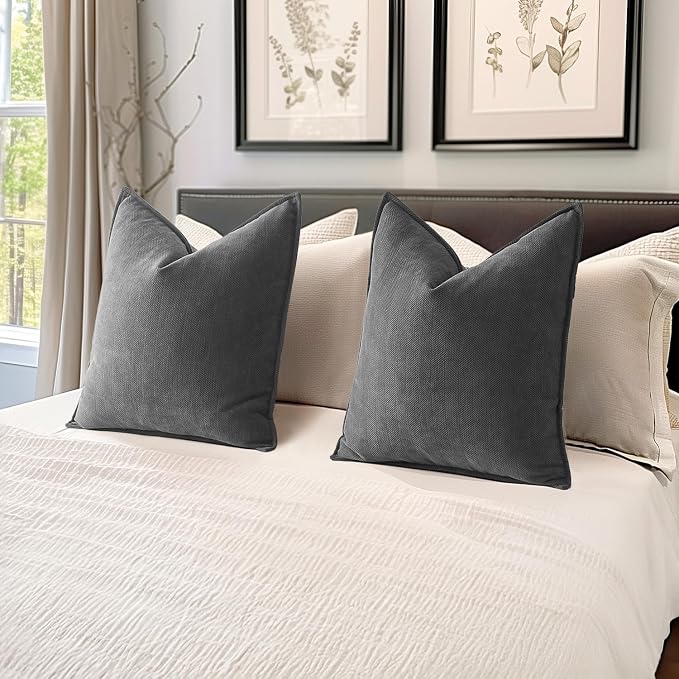 MIULEE Pack of 2 Dark Grey Decorative Chenille Pillow Covers 20x20 Inch | Soft Couch Throw Pillows,Farmhouse Cushion Covers with Elegant Design for Sofa,Bedroom,Living Room,Spring Home Decor