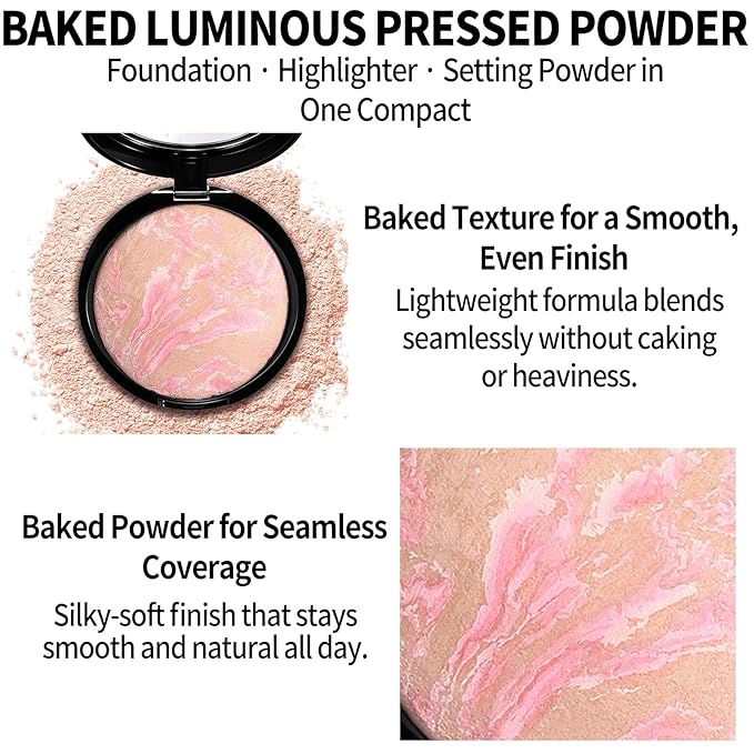 Baked Luminous Pressed Powder–Glow-Infused Foundation,Highlighter & Setting Powder in One–Color-Correcting,Oil-Control,Long-Lasting Coverage for All Skin Tones 01