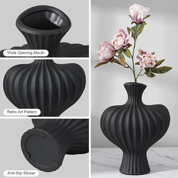 Ceramic Flower Vase Home Decor,11" Rustic Vintage Clay Black Heart Terracotta Vases Farmhouse Table Vases Living Room Decor Pottery Pots for Home Shelf Coffee Dining Desk Fireplace