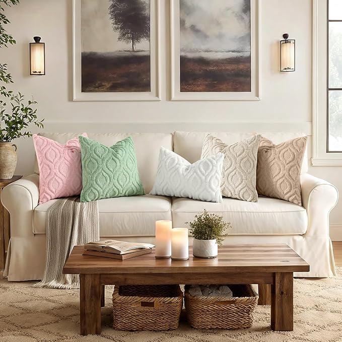 decorUhome Faux Fur Plush Soft Beige Throw Pillow Covers 12x12 Set of 2 | Wool Solid Fall Couch Pillow Covers, Accent Modern Farmhouse Neutral Decorative Square Pillow Cases for Sofa Bed Living Room