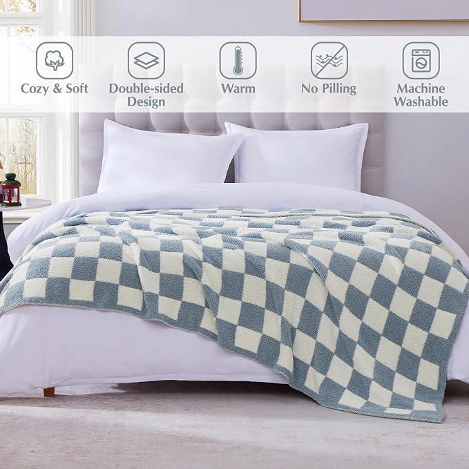 Soft Twin Size Checkered Blanket for Bed-Cozy Knitted Blankets | Lightweight Fluffy Warm Decor for Women, Mom, Her & Girls, Sofa, Chair, Couch, 60x80in,Grey Blue