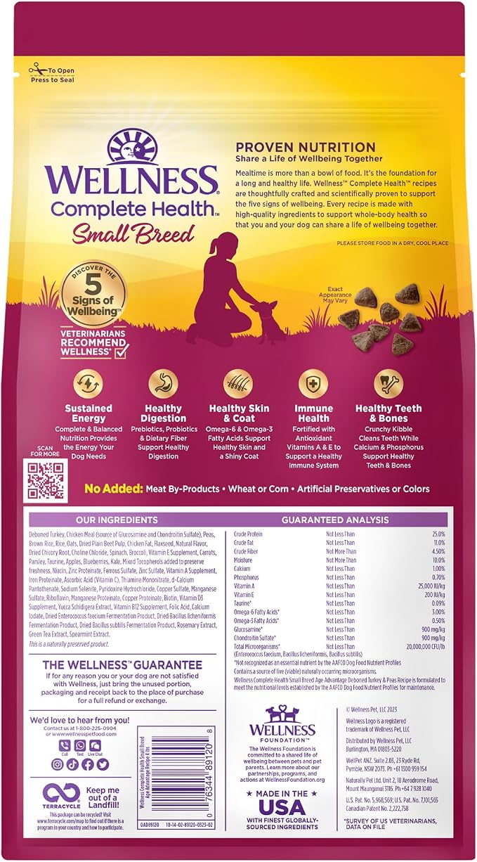 Wellness Complete Health Age Advantage Small Breed Senior Dry Dog Food, Wholesome Grain Kibble, Natural, Turkey and Peas Recipe, 4 lb Bag
