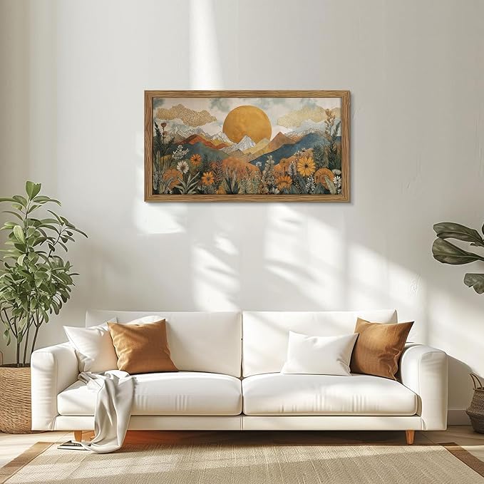 Framed Boho Landscape Large Wall Art, Abstract Sun Mountain Canvas Wall Decor Painting, Modern Floral Botanical Aesthetic Poster Print Picture for Living Room Bedroom Home Office 24x48 Inch