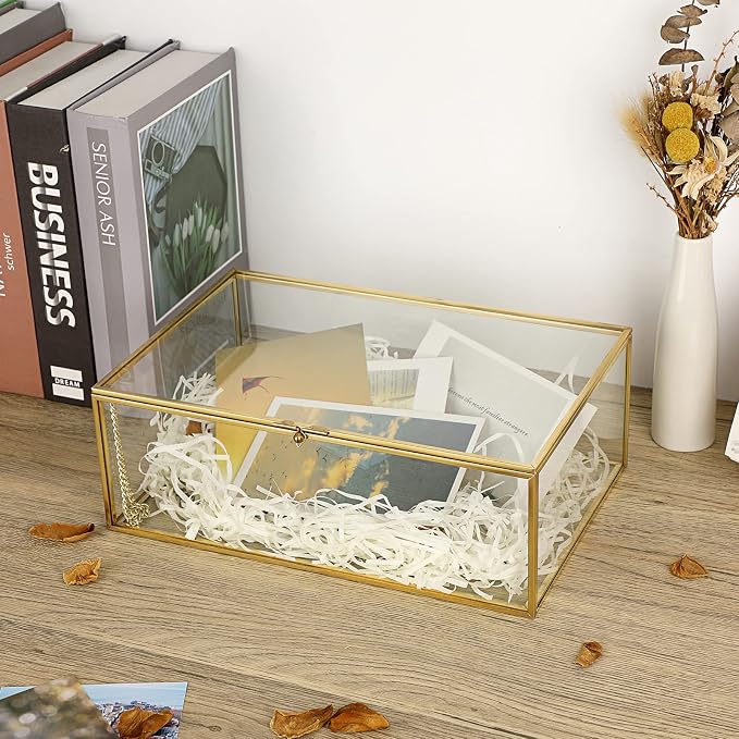 Hipiwe Vintage Glass Keepsake Box - Rectangle Jewelry Display Case, X-Large | Gold Vanity Organizer Lidded Boxes Home Decor Accent for Storage Trinket Rings Bracelet Rock