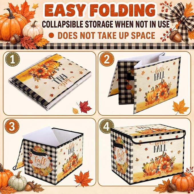Briwooody Fall Pumpkin Storage Bin with Lid and Carrying Handle Pumpkin Foldable Storage Box Large Autumn Harvest Decorative Collapsible Container Basket for Organizing Closet Home Bedroom Fall Gifts