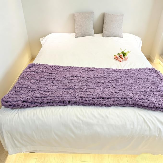 Soft Chunky Knit Throw Blanket for Couch, Cozy Warm Knitted Blankets | Hand Knit with Jumbo Chenille, Lightweight Warm Fluffy Decor for Women, Mom, Her & Girls, Sofa, Chair, Bed, 40"×40"(Purple)