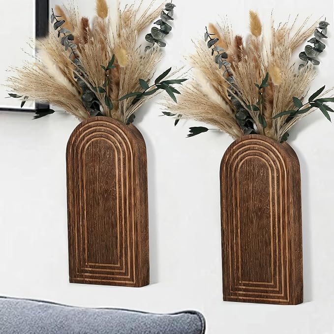 Set of 2 Wooden Wall Vases with Dried Pampas Grass & Eucalyptus, Boho Farmhouse Decor for Living Room, Entryway, Bathroom, Rustic Home Art(Dark Brown)
