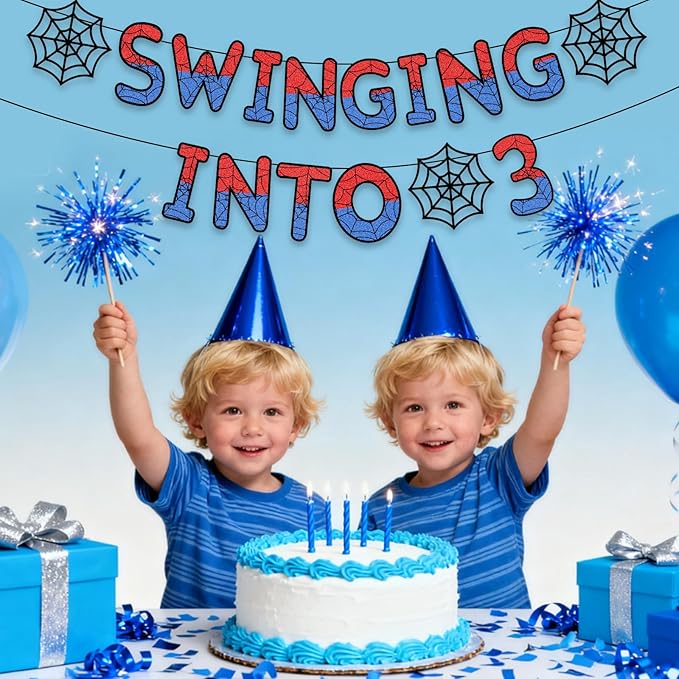 Spider Theme 3rd Birthday Banner Glitter Swinging into 3 Banner Pre-strung Ghost Spider Web 3rd Birthday Decorations Party Supplies for Third 3 Year Old Boys Girls Kids(3 Years)