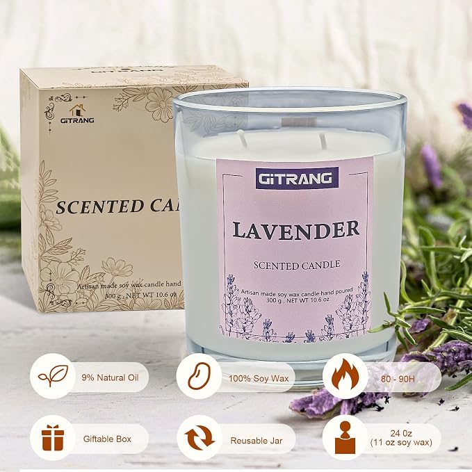 Lavender Scented Candle, 31.8 oz Soy Wax Candles for Home Aromatherapy, Relaxation Gifts for Women, Long Lasting Time (240-270 Hrs) for Bedroom Yoga Garden Patio Birthday Party,Set of 3