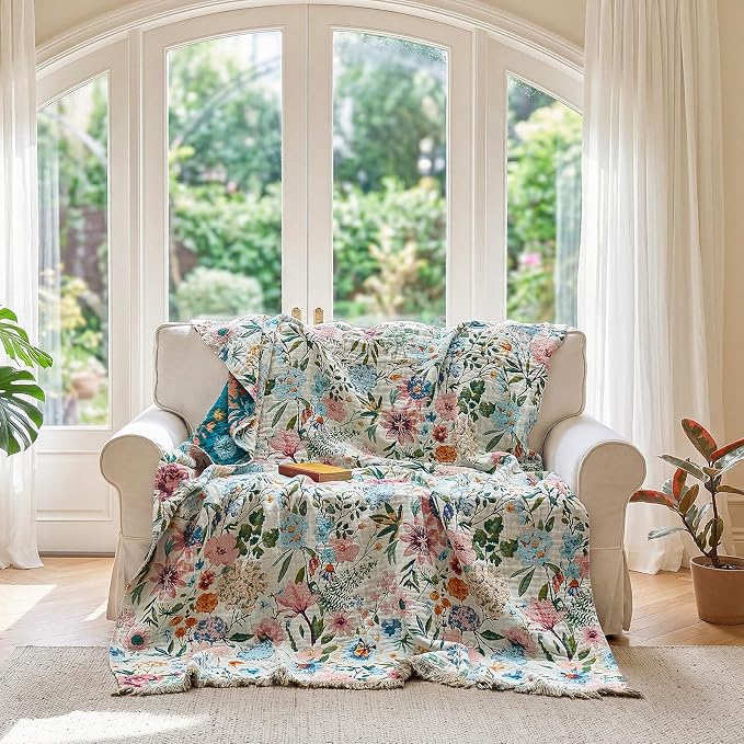 LUTBM Boho Throw Blanket for Bed 60"x80", All Season Cotton Couch Blankets | Reversible Floral Embroidery, Muslin Gauze Twin Quilt, For Chair Sofa Living Room Decor, Lightweight & Breathable, Women Gift