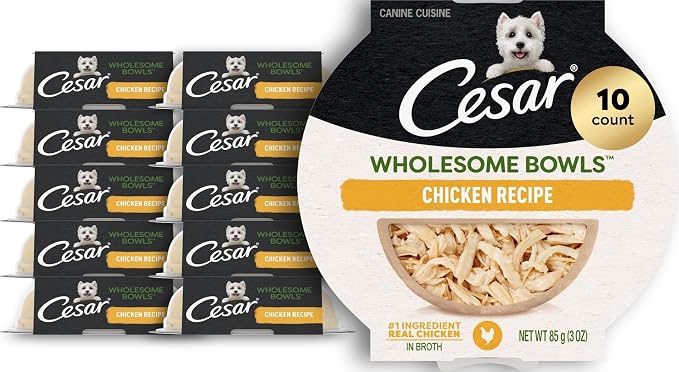 Cesar Wholesome Bowls Wet Dog Food, Chicken Recipe, 3 oz, 10 Count | Real chicken #1 ingredient, slow-cooked, 7 key ingredients, no by-products or artificial flavors, easy to digest