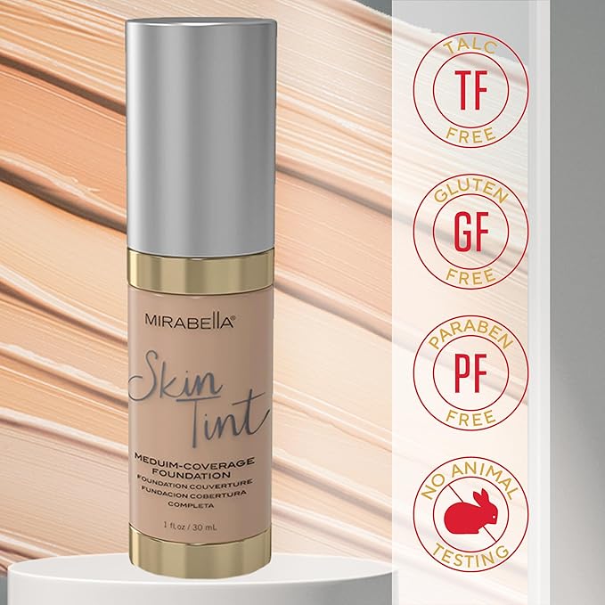 Mirabella Skin Tint Creme Liquid Foundation Makeup, Oil-Free Mineral Foundation for Medium Coverage - w/Hyaluronic Acid, Squalane, & Allantoin for All Skin Types - IIN Neutral