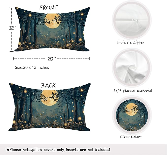 Rustic William Morris Inspired Night Moon Forest Decor Pillow Covers 20x12 Set of 2,Vintage Black and Gold Landscape Nature Botanical Decorative Throw Pillow Covers for Home Bedroom Living Room