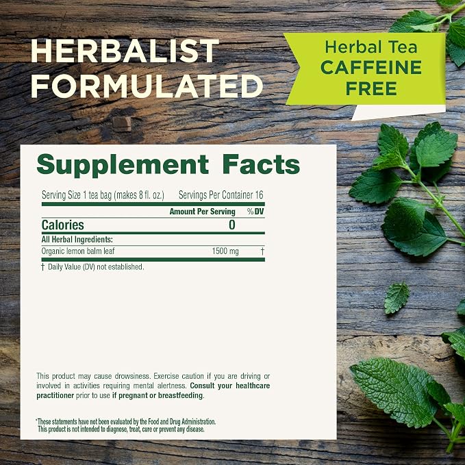 Traditional Medicinals Organic, Lemon Balm - Supports Stress Relief & Digestive Health - Kosher, Non-GMO, Caffeine-Free, Compostable - 16 Tea Bags
