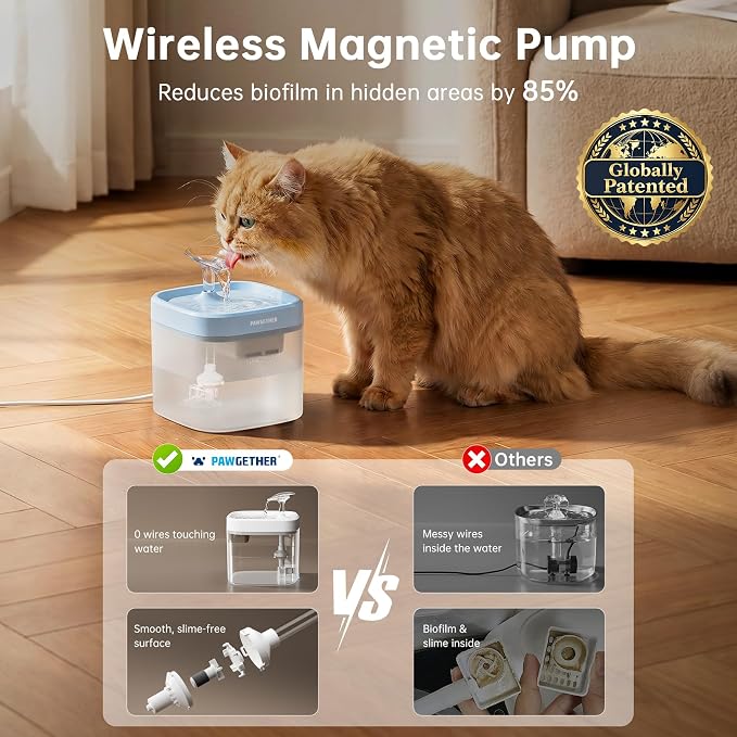 PAWGETHER® Cat Water Fountain with Wireless Pump 51oz/1.5L Dog Water Fountain, Ultra Quiet Automatic Pet Water Fountain Portable Indoor Ourdoor Travel Small Dog Water Dispenser with Adapter Blue