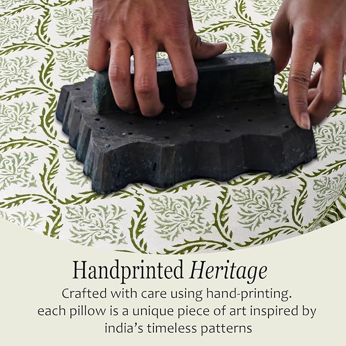 CPC Fern Regal Hand Block Print 100% Cotton Ruffle Throw Pillow Cover 18x18 inch with Hidden Zipper Decorative for Couch, Bed, Sofa, Farmhouse, Cottagecore Decor Gift Christmas Fall Thanksgiving