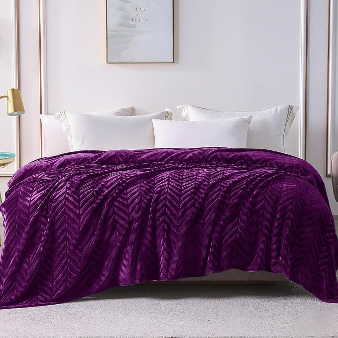 Whale Flotilla Flannel Fleece Fall Bed Blanket King Size, Purple | Lightweight Breathable Soft Bedspread, Plush Fluffy Coverlet Chevron Design Decorative Blanket for Home Life, 90x104 Inch