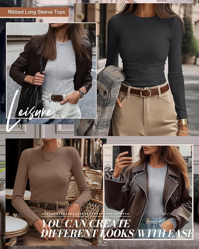 Ficerd 3 Pack Women's Ribbed Long Sleeve Tops, Crew Neck Slim Fit Undershirts Knit Basic Casual Stretch Layering Tee Shirts