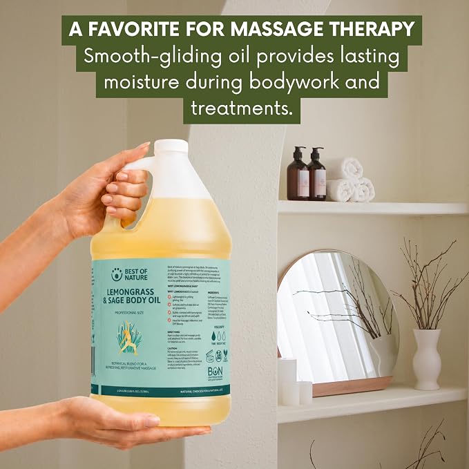 Best of Nature Lemongrass and Sage Massage Oil Blend - Non-Greasy Aromatherapy Massage Oil for Body, Skin & Face, Crafted with Pure Essential Oils, Gallon (128 fl oz)