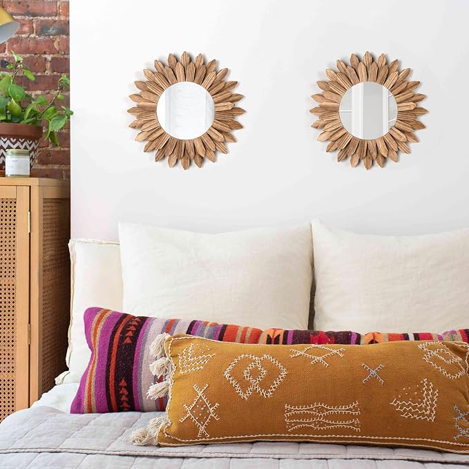 Boho Wall Decor Mirror 2 Pack Rustic Wood Mirror 12 inch Boho Mirror Home Decor Farmhouse Room Decorations for Bedroom Living Room Carbonized Black