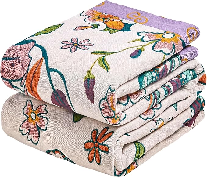 MSGKV Boho Throw Blanket 50"x60" 100% Cotton Butterfly Floral Blanket Couch | Muslin Throw, Butterfly Floral Pattern, Reversible Woven, Lightweight Comfort, Farmhouse Decor, All Seasons, Machine Washable