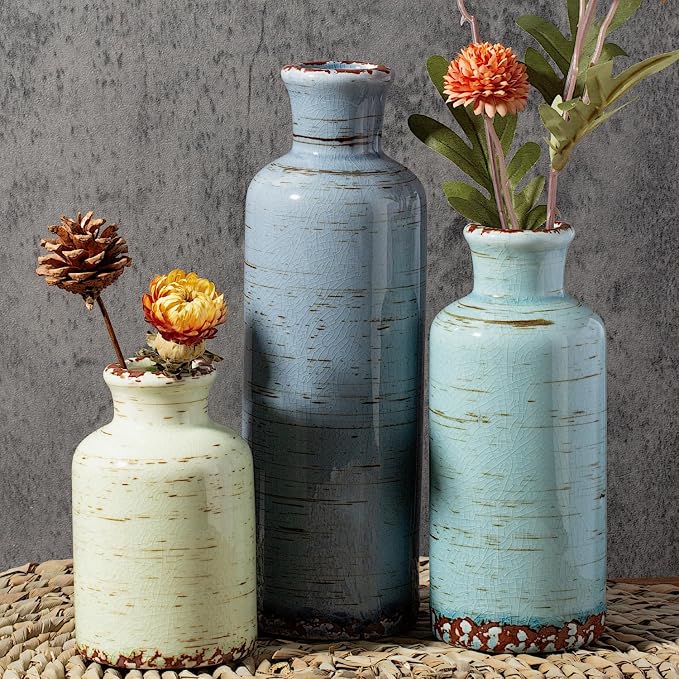 Ceramic Vintage Vase Set of 3, Gray Blue Green Crackle Glaze, Chinoiserie Floral Decor for Farmhouse Shelf, Table Centerpiece, Mantel, Living Room & Office