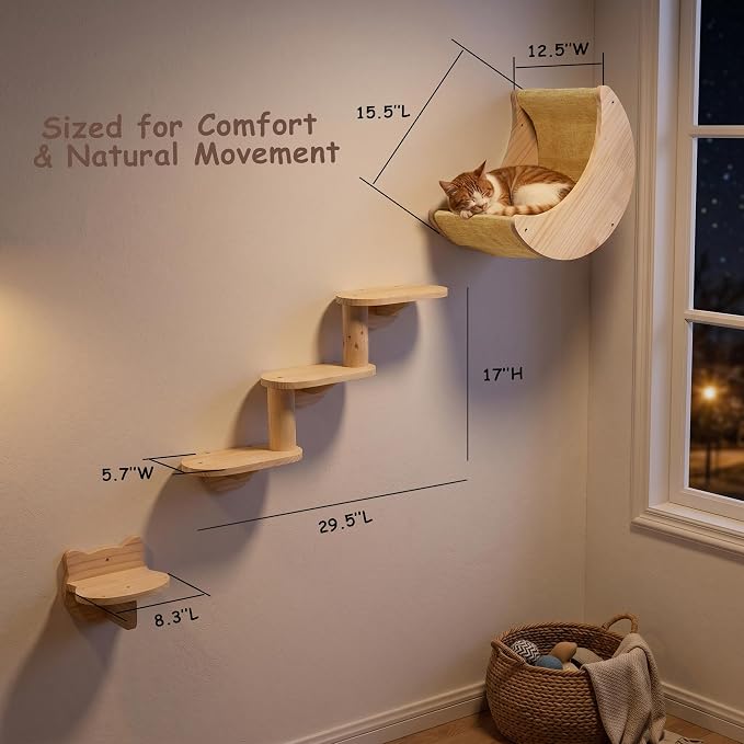 Cat Wall Shelves, Solid Wood Moon Bed, 3-Step Ladder & Perch for Climbing | 3-in-1 Wall-Mounted Cat Furniture;16-Inch Stud Wall;Hold Up to 40 lb;Wall & Corner Setup;Vertical Territory & Active Exercise