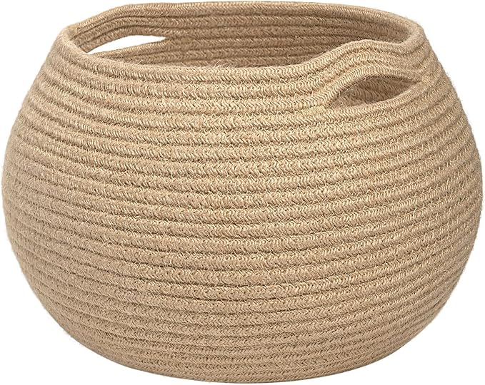 Goodpick Round Small Wicker Storage Basket for Shelves, 10" x 8.3", Jute | Woven Baby Basket with Handles，Decorative Gift Basket, Fits Living Room Nursery Toys & Towels Storage, Plant Baskets Indoor