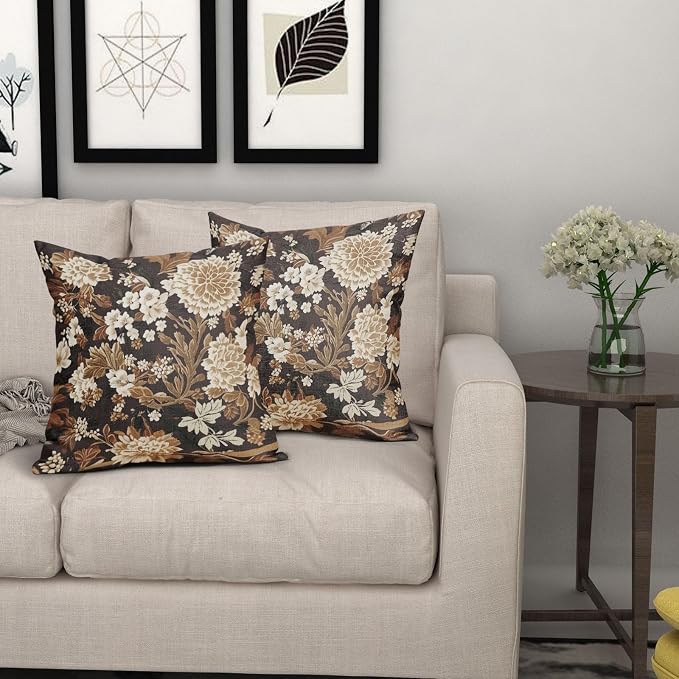 Vintage Floral Pillow Covers 22X22 Inch Set of 2 Boho White Flower Leaves Botanical Decorative Square Pillow Cases Brown Rustic Bohemian Cushion Case Farmhouse Home Decor for Sofa Couch