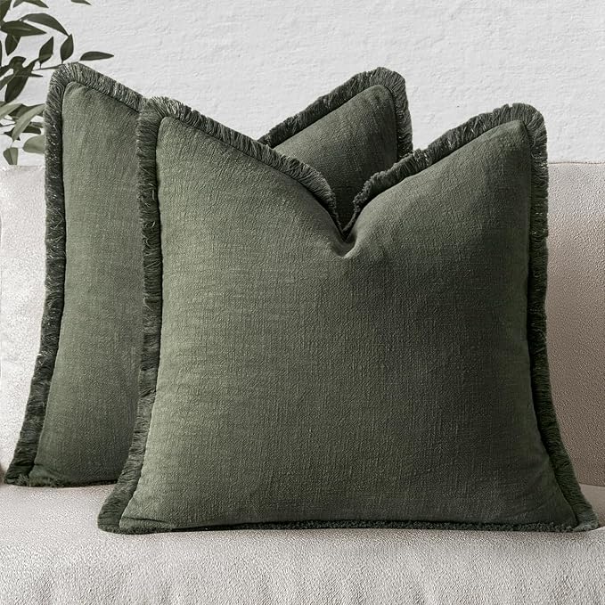 MIULEE Boho Linen Fringe Decorative Throw Pillow Covers Rifle Green 18x18 | Set of 2, Cottagecore Decor, Boho Farmhouse Neutral Pillow Covers, Rustic Couch Cushion Cases for Sofa Bed Living Room