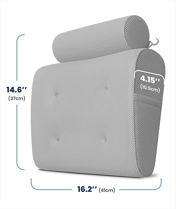 Everlasting Comfort Luxury Bath Pillows for Tub with Head and Neck Support - Non-Slip Bathtub Pillow with Suction Cups, Quick-Drying Mesh & Drying Hook - Jacuzzi & Spa Accessories for Women - Gray