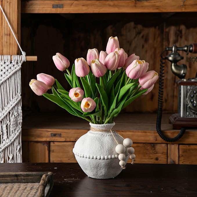 Mowtanco Rustic Ceramic Vase with Boho Wooden Beads, Matte Decorative Pottery for Modern Farmhouse and Bohemian Decor, Floral Arrangements, Bedroom, Shelf, or Side Table Accents