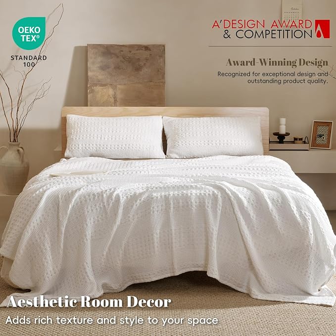 PHF 100% Cotton Waffle Weave Blanket King Size, Lightweight Breathable Summer Blanket for Hot Sleepers, Pre-Washed Soft Layer for Bed, Couch, Home Decor Gift, 108"x90", White