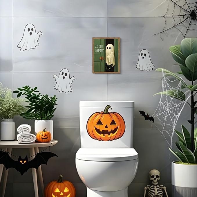 Funny Halloween Bathroom Wall Art, Vintage Cute Ghost Cat Canvas Wall Decor Paintings, Funny Are You Pooping Artwork Poster Print Picture for Bathroom Restroom 8x10 Inch Framed