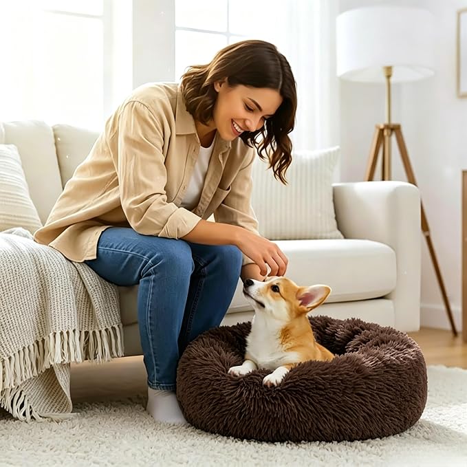 Calming Donuts Dog And Cat Bed, Anti-Anxiety Round Fluffy Soft Washable Small Medium Pet Bed For Puppy And Kitten, Cuddler Warming Comfortable Luxury Anti-Slip Waterproof Mute Base 24in Coffee