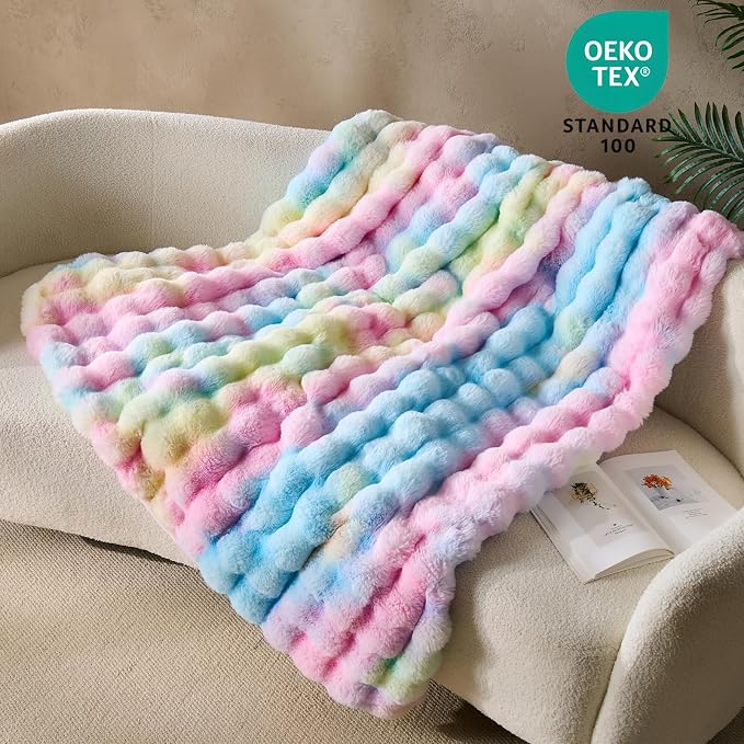 DOWNCOOL Large Faux Rabbit Fur Throw Blanket, Soft Fluffy Fuzzy Plush Bubble Blanket for Couch Sofa & Bed, Cozy Warm Luxury Fleece Minky Blanket, 90x90 Inches Rainbow