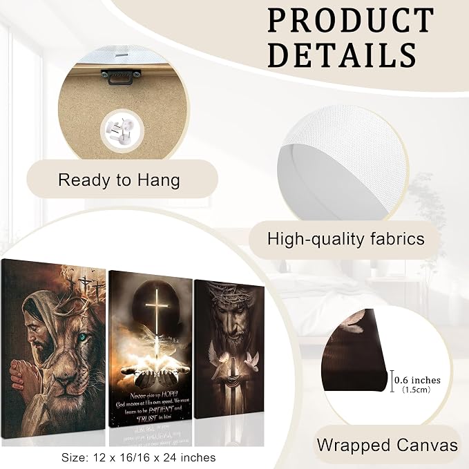 Fantasy Artists 3Pcs Jesus Wall Art, Christian Wall Decor for Biblical Room, Unframed Canvas Painting Prints, Religious Art Posters for Church Living Room Bathroom, 16" X 24"