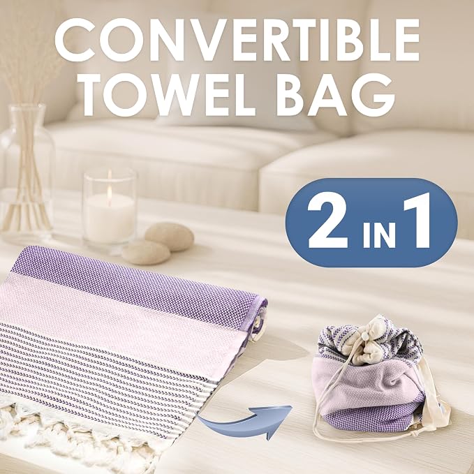 ATANI Turkish Beach Towel (71x39 Inches), Converts to a Bag, Oversized 100% Cotton Bath Towels Lightweight Quick-Dry Beach Blanket for Travel, Picnic, Camping, Yoga and Pool (Lavender)