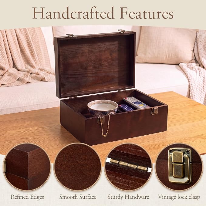 Sliner 1 Pcs Wooden Decorative Storage Boxes with Lids Vintage Wood Organizer Bins for Your Bookshelf Home Decor Safely Store Photos Documents Memory Jewelry Craft Storage (Dark Brown,M Size)
