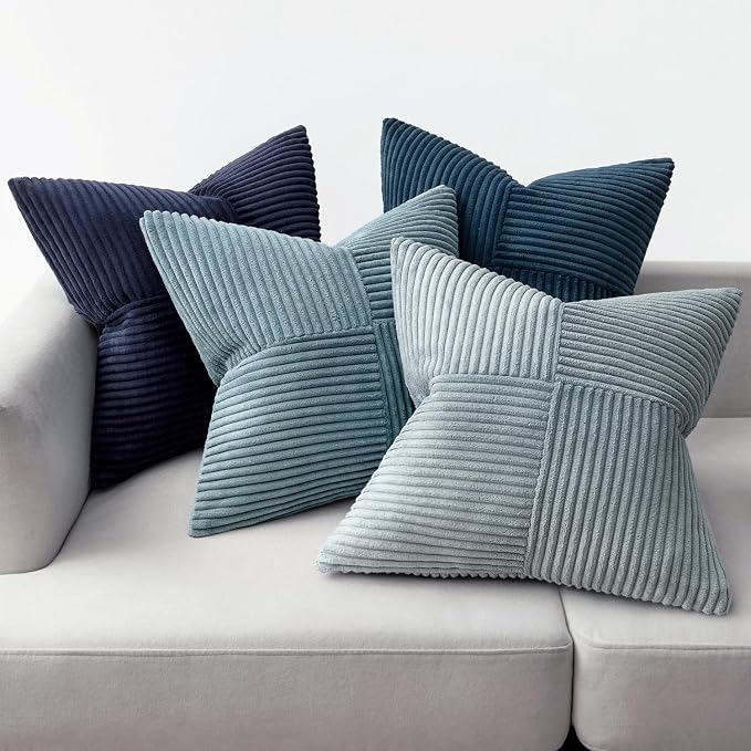 MIULEE Dusty Blue Navy Farmhouse Throw Pillow Covers 20x20 Inch Set of 4 Boho Patchwork Gradient Cushion Cases Western Modern Pillow Cases Corduroy Home Decor for Couch Sofa Living Room Bed