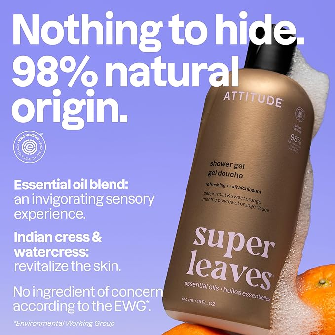 ATTITUDE Body Wash with Essential Oils, Moisturizing Shower Gel, Gentle Daily Cleanser, EWG Verified, Vegan Clean Beauty Skin Care, Peppermint & Sweet Orange, 15 Fl Oz